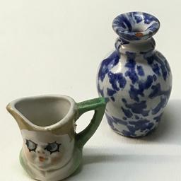 Vintage Miniature Pottery Creamer & Spongeware Blue Vase -  Signed Circa 1985