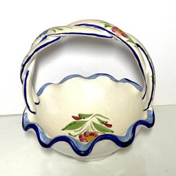 Hand Painted Floral Pottery Basket Made in Portugal Signed on Bottom by Artist