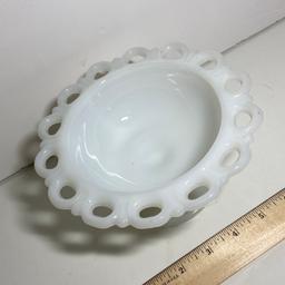 Vintage Milk Glass Pedestal Bowl with Laced Edges