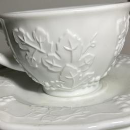 33 pc Lot of White Milk Glass Cups & Saucers with Embossed Grape Design