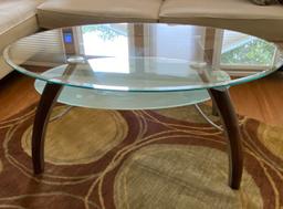 Great Art Deco Glass Top 2-Tier Coffee Table with Chrome & Bent Wood Legs & Frosted Lower Tier