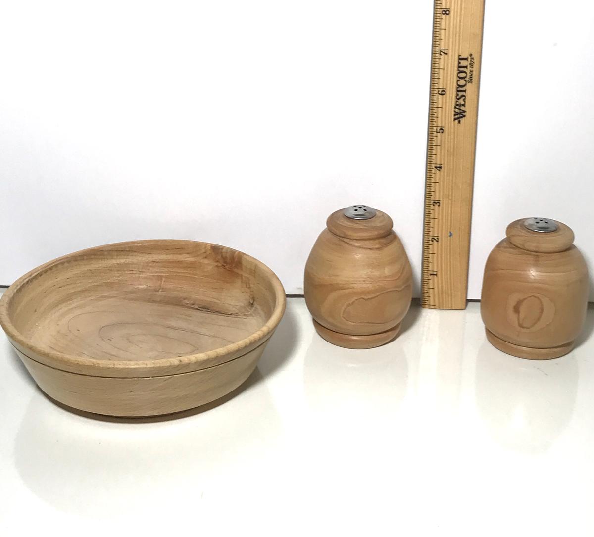 Handmade Wooden Bowl and Salt & Pepper Shaker Signed on Bottom by Artist