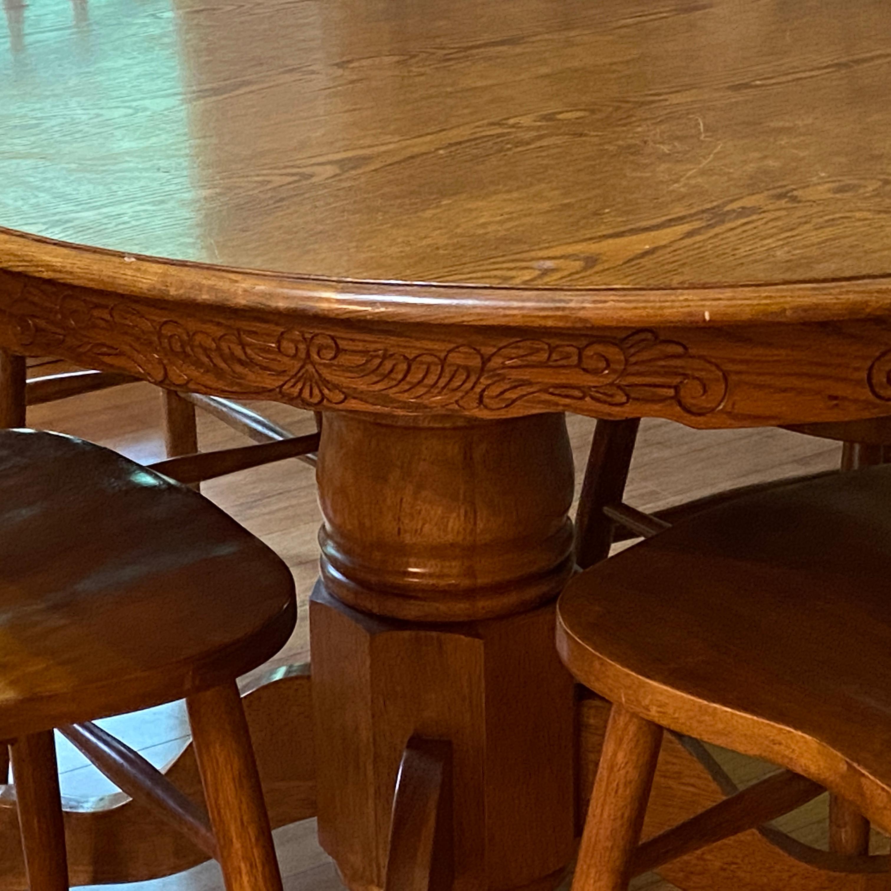 Wooden Dining Table with Carved Edges & 4 Windsor Style Chairs