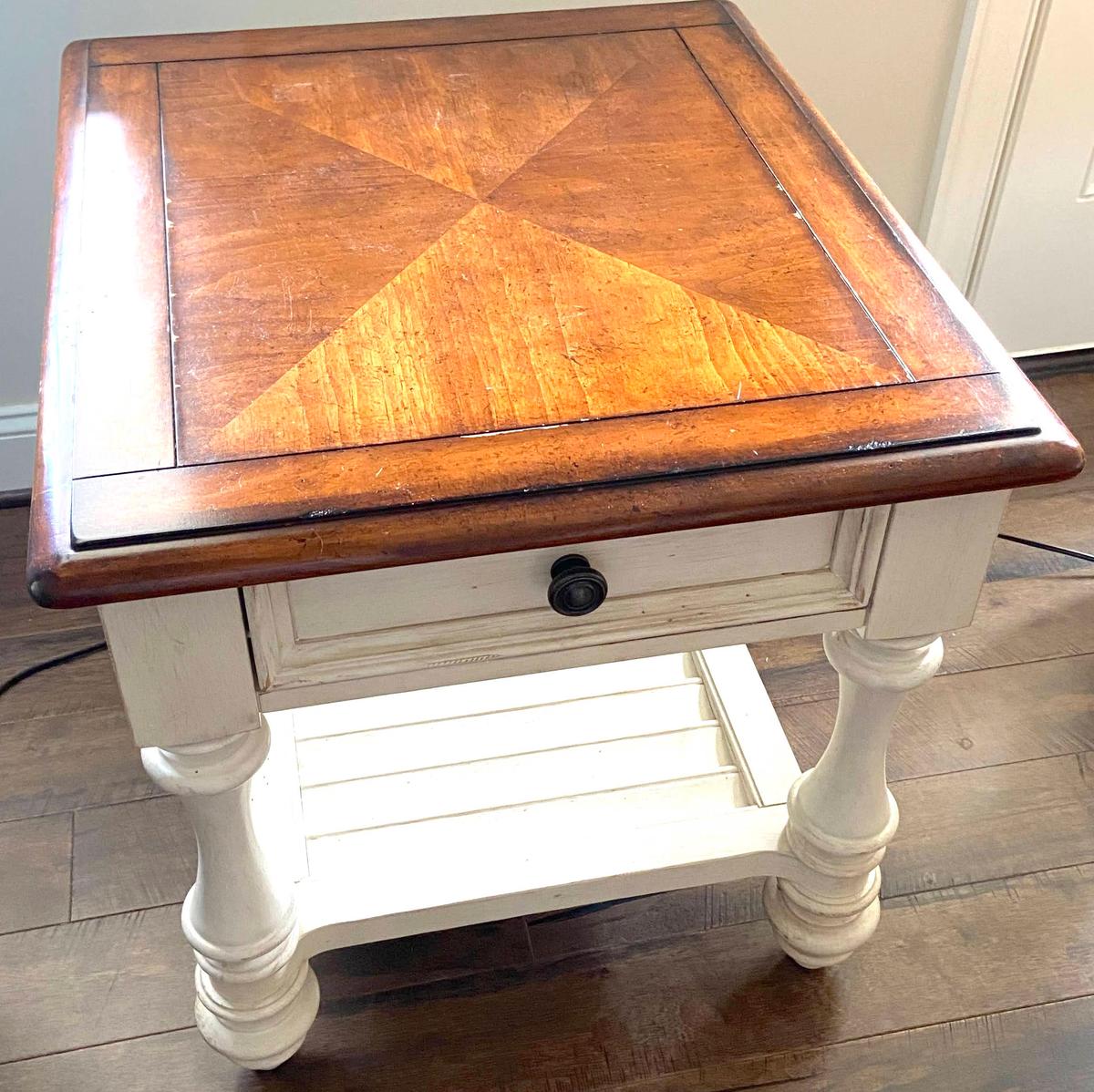 2-Tier White Distressed End Table with Single Drawer by Havertys