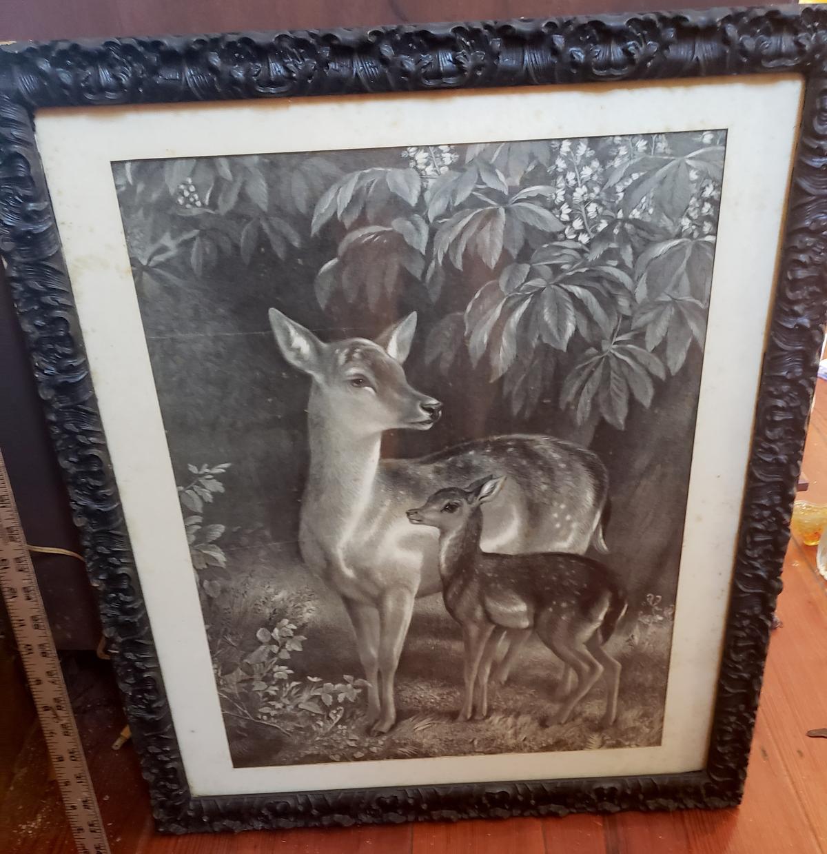 Doe with Fawn Print in Ornate Vintage Frame