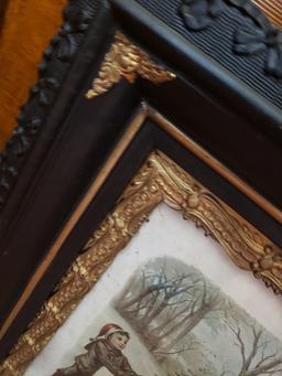 Early "The Young Fort Builders" Print in Ornately Carved Wooden Frame with Gilt Accent