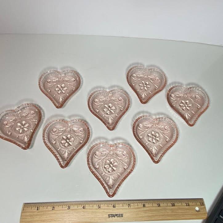 8 pc Set of Pink Glass Heart Shaped Dishes