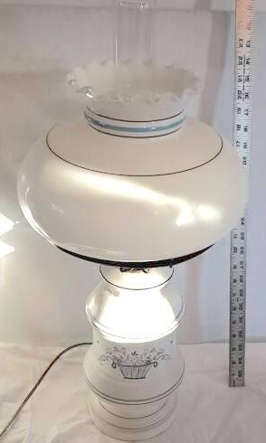 Blue and White Table Lamp with Milk Glass Globe