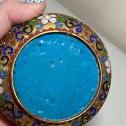 Pretty Enamel & Brass Floral Trinket Box on Carved Wood Base