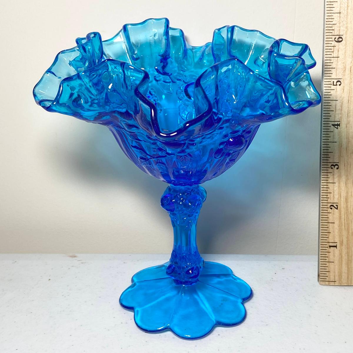 Pretty Blue Glass Pedestal Dish with Ruffled Edge