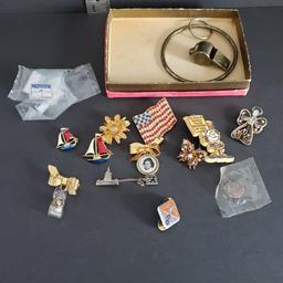 Mixed Lot of Vintage Pins, Keychain Whistle