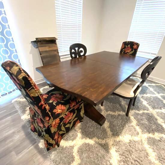 Large Solid Heavy Wood Dining Table with 2 Leaves & 4 Chairs