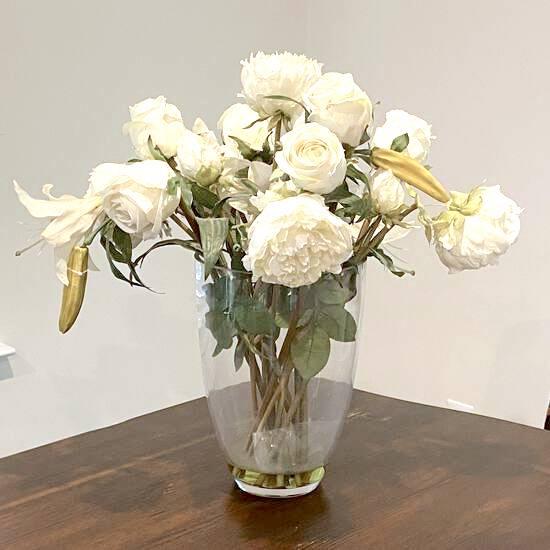 Off White Artificial Floral Arrangement in Heavy Glass Vase