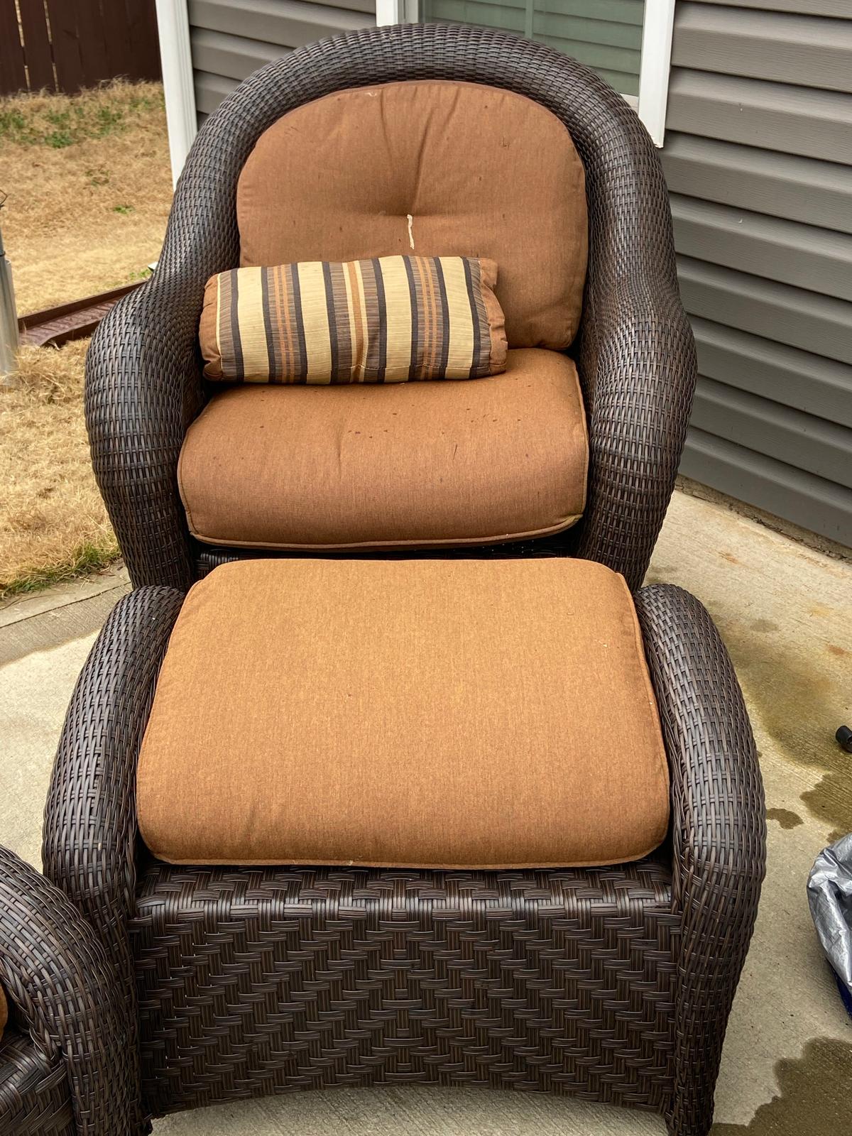 Heavy Brown Wicker Chair with Ottoman & Cushions