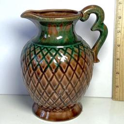 2-Tone Brown & Green Diamond Pattern Pottery Pitcher - Maker Mark on Base