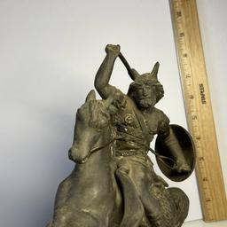 Antique Cast Metal Statue of Viking Warrior Riding Horse