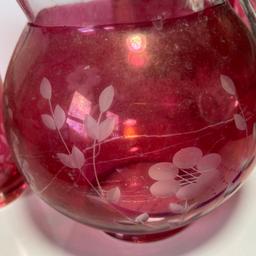 7 pc Vintage Cranberry Overlay Etched Glass Lemonade Pitcher with Tumblers