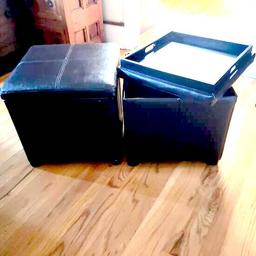 Pair of Brown Leather Storage Ottomans with Flip Top Trays