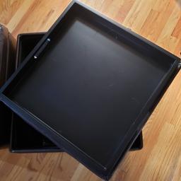 Pair of Brown Leather Storage Ottomans with Flip Top Trays