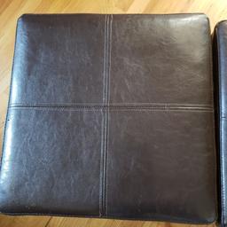 Pair of Brown Leather Storage Ottomans with Flip Top Trays