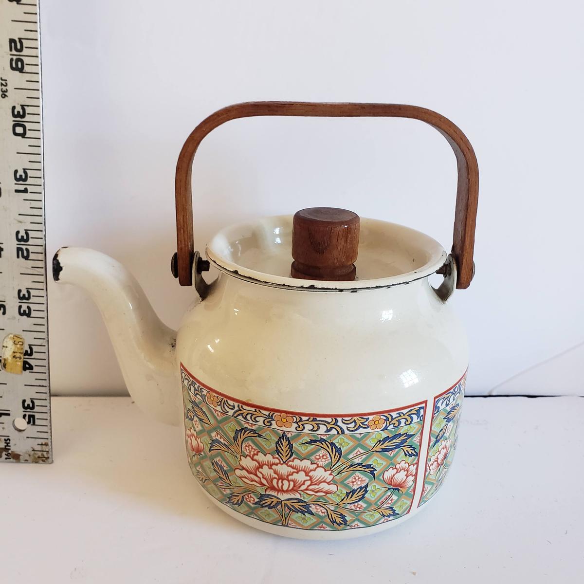 Enamelware Teapot, Floral Design with Wood Handle