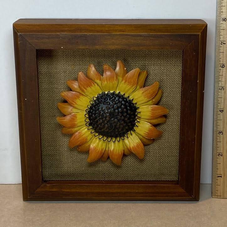 Small Wooden Shadow Box Art with Metal Sunflower