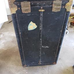 Antique Everwear Steamer Wardrobe Chest Trunk, Brass Trim, Blue Interior