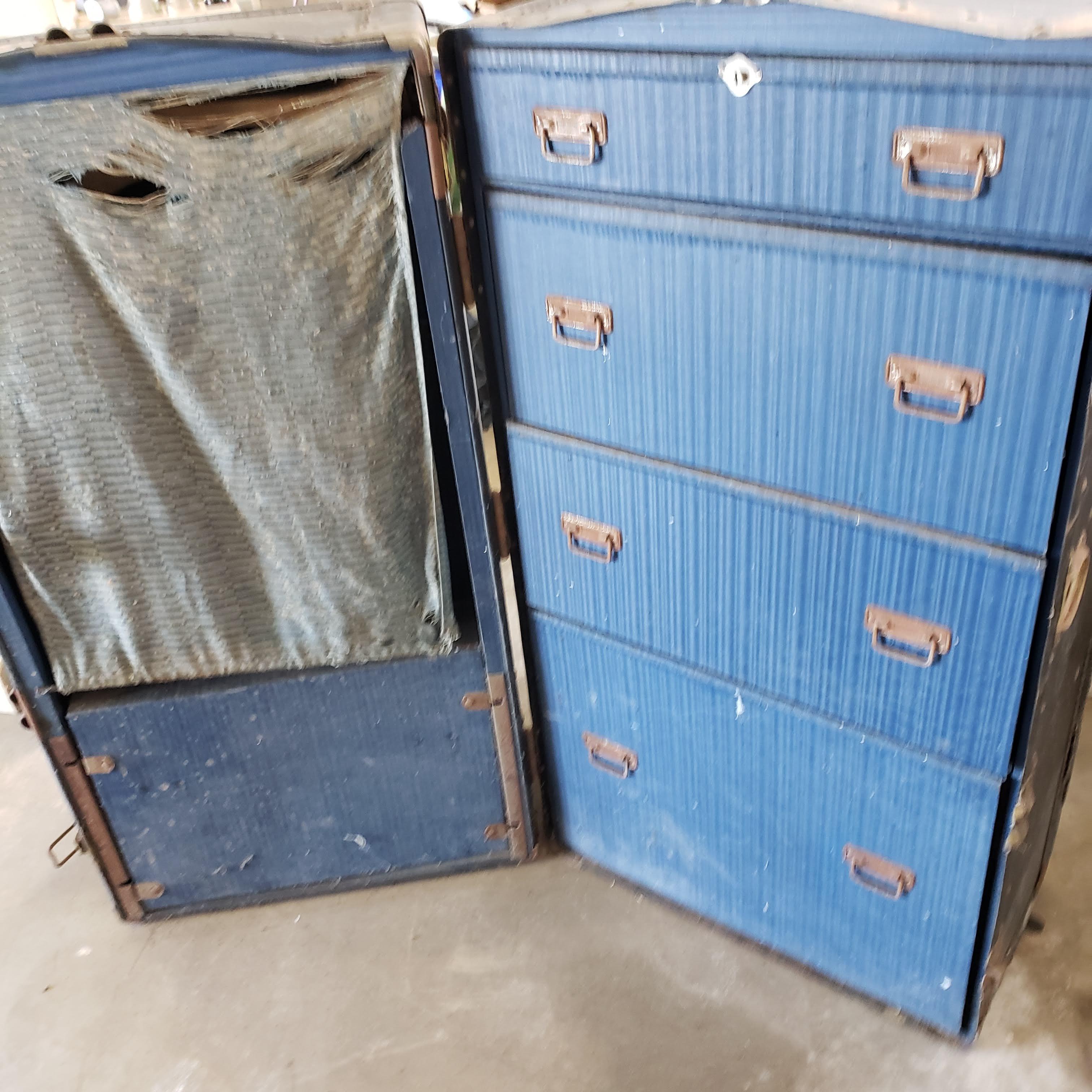 Antique Everwear Steamer Wardrobe Chest Trunk, Brass Trim, Blue Interior