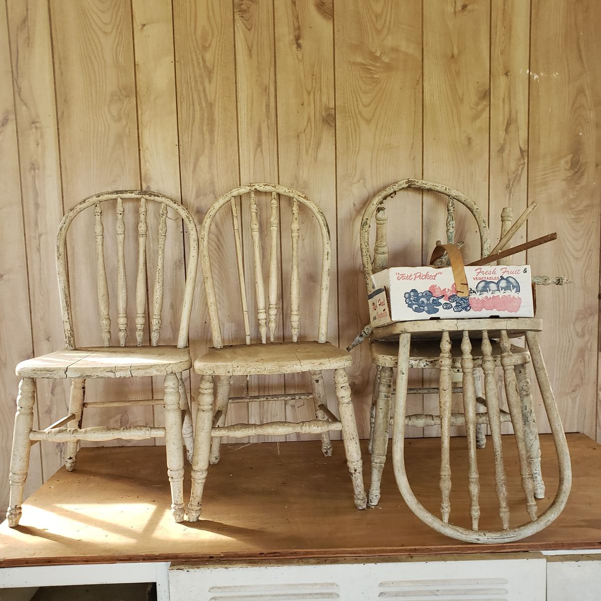 Set of 4 Vintage Chippy Childs Wood Spindle Back Chairs