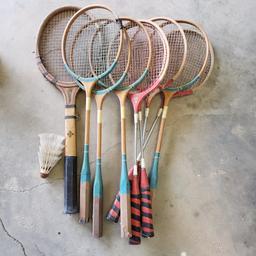Lot of Vintage Badminton Rackets and Birdies, 1 Tennis Racket