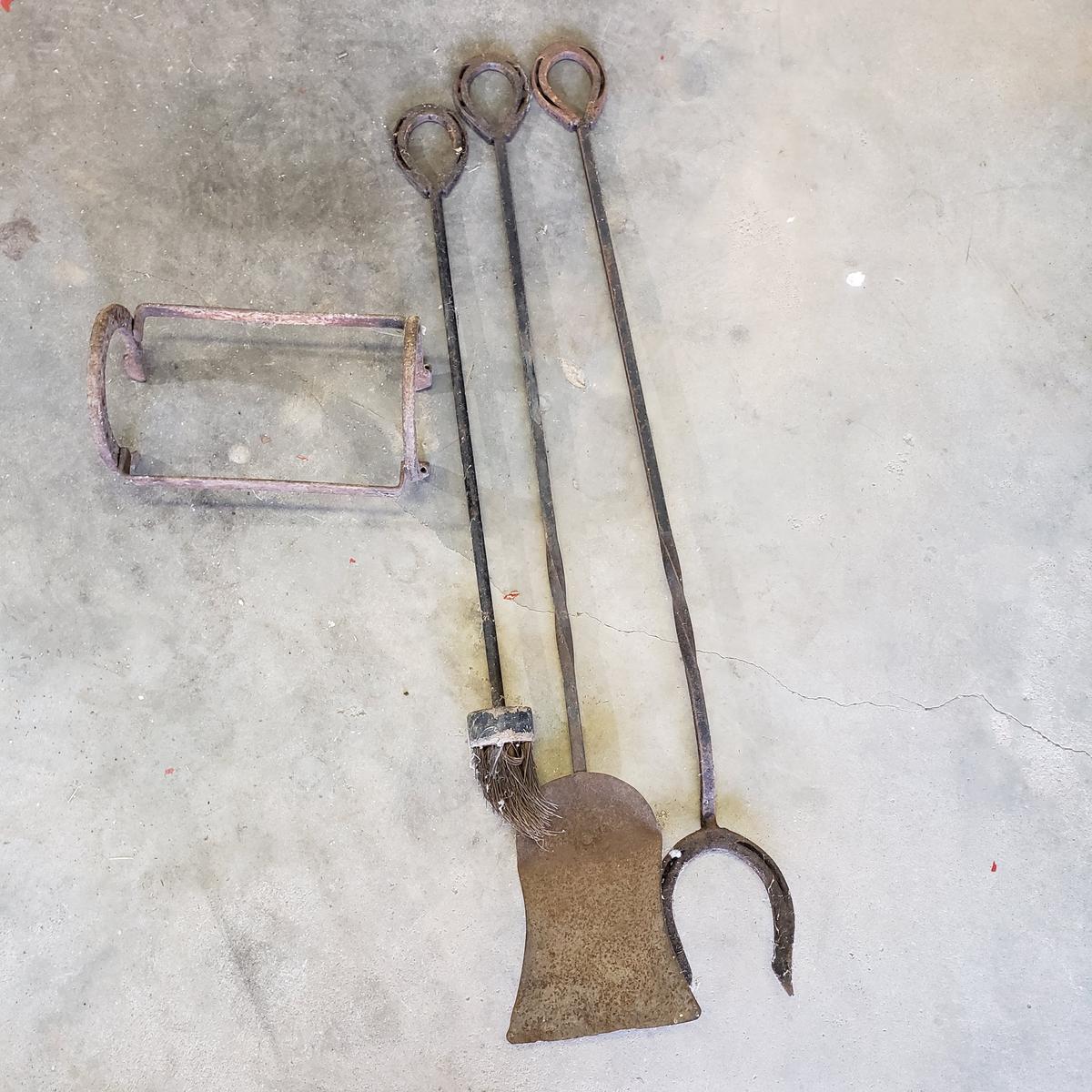 Vintage Horse Shoe Rack and Fireplace Tools with Horseshoe Ends