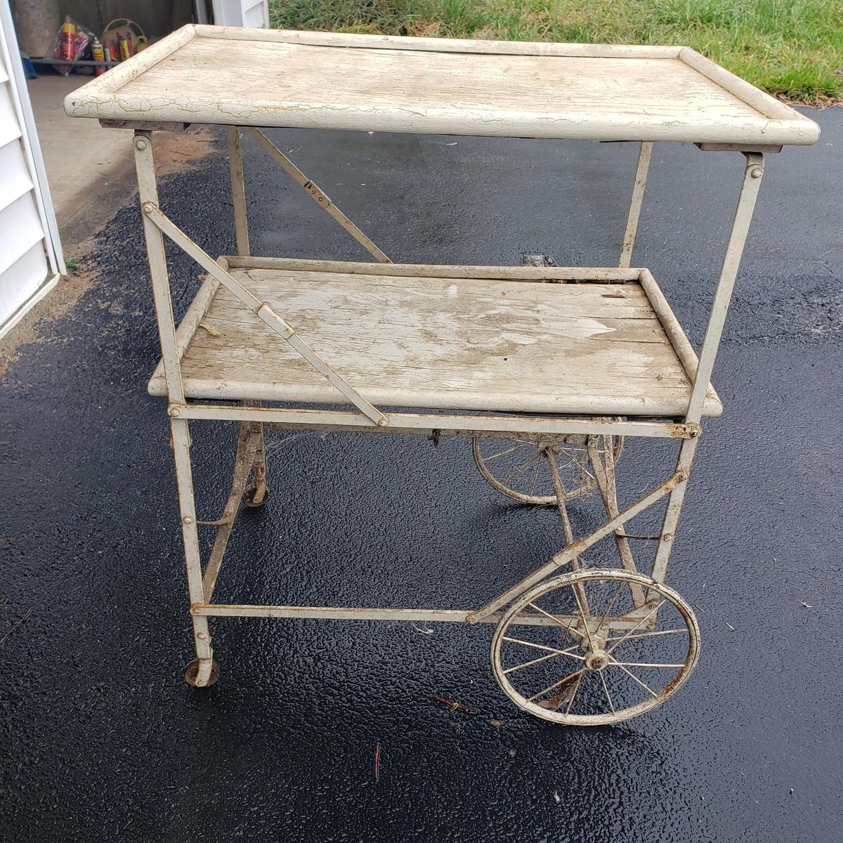 Antique Collapsible Tea Cart/Server, Wood and Metal Art Deco