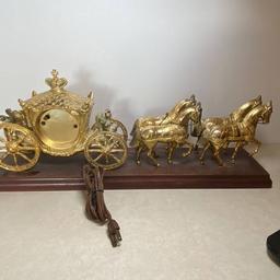 Brass Tone Horse & Chariot Clock on Wood Base