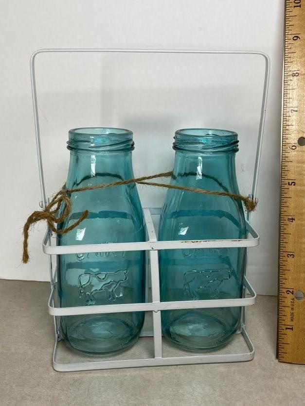 Decorative White Metal Caddy with Blue Glass Milk Bottles