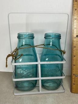 Decorative White Metal Caddy with Blue Glass Milk Bottles