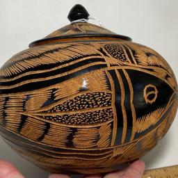 Beautifully Carved Vintage Wooden Vessel with Lid & Fish Design