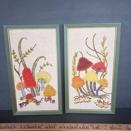 Lot of 2 Vintage Framed Mushroom Crewel Embroidery Designs