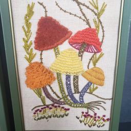 Lot of 2 Vintage Framed Mushroom Crewel Embroidery Designs