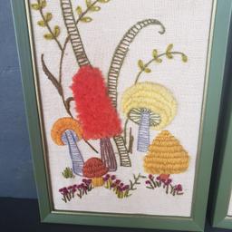 Lot of 2 Vintage Framed Mushroom Crewel Embroidery Designs