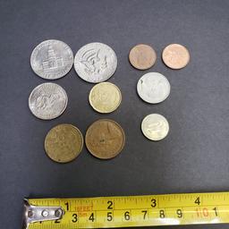 Lot of Coins and Tokens, 2 Kennedy Half Dollars, 1 Susan B Anthony, Misc. Foreign Coins and Tokens