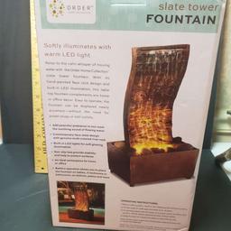 New in Box Curvy Slate Tower Fountain, Warm LED Lights, Battery Operated
