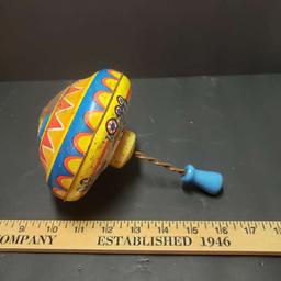 Vintage Ohio Art Metal Spinning Top Toy with Wood Handle