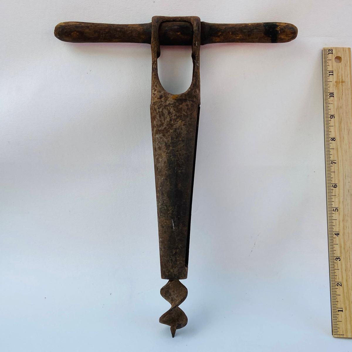 Antique Metal Hand Drill with Wooden Handle