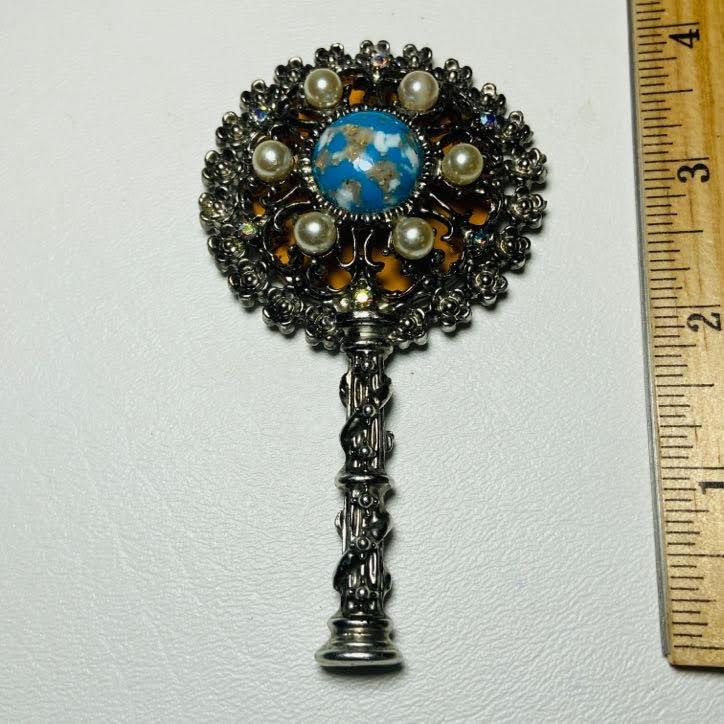 Beautifully Decorated Miniature Hand Mirror with Aurora Borealis Stones, Pearls & Globe Center