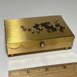 Vintage Footed Brass Tone Small Dresser Box with Rhinestone Top