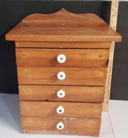 Vintage Wood Cabinet, 5 Small Drawers, Porcelain Knobs
