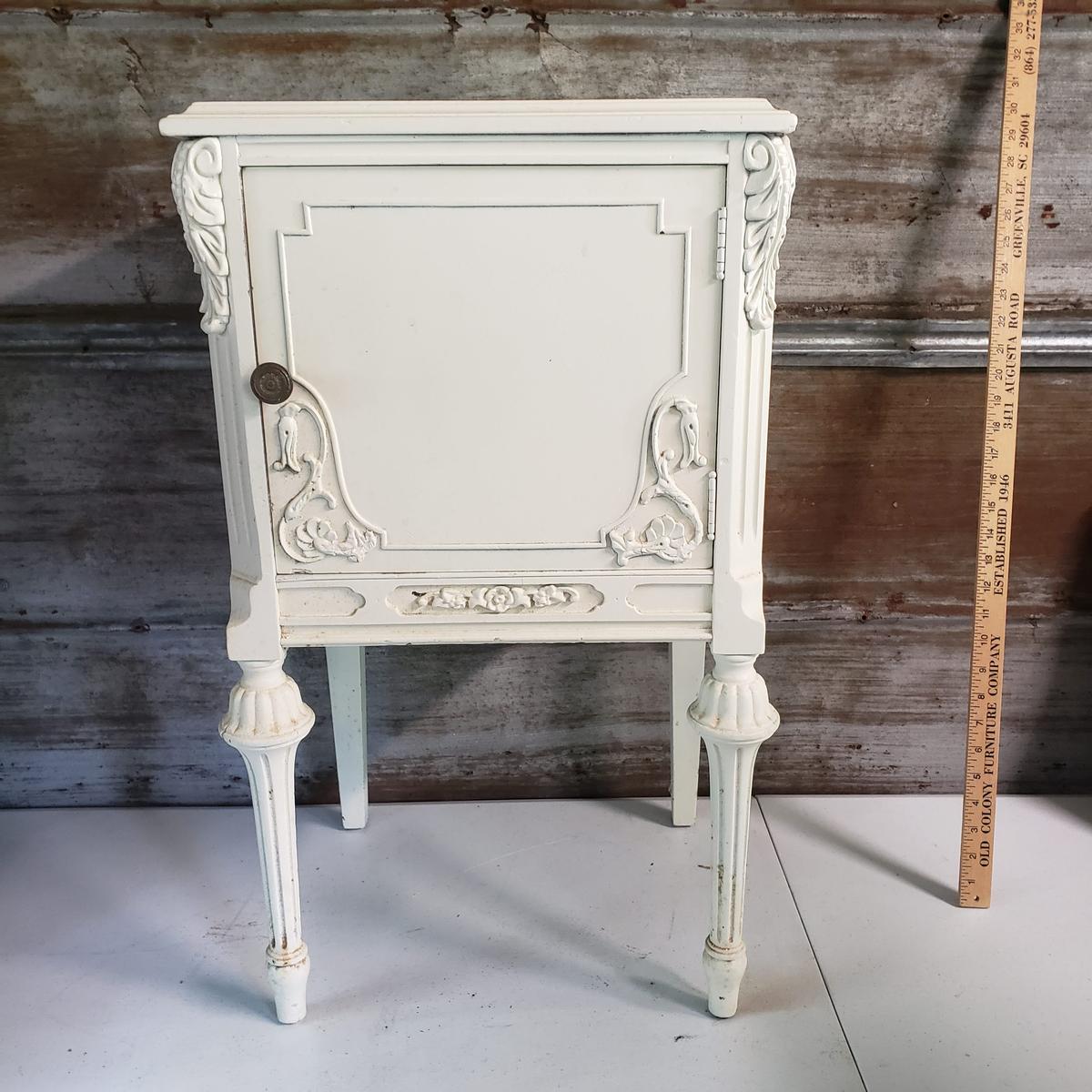 Vintage Wood Side Table with One Door Painted Off White