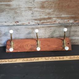 Vintage Wooden Coat/Hat Rack with Brass and Porcelain Knobs