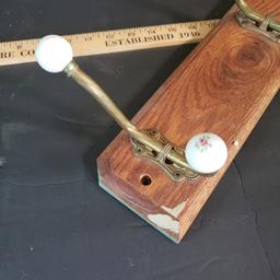 Vintage Wooden Coat/Hat Rack with Brass and Porcelain Knobs