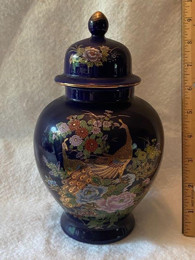 Pretty Ginger Jar with Peacock Floral Design Made in Japan